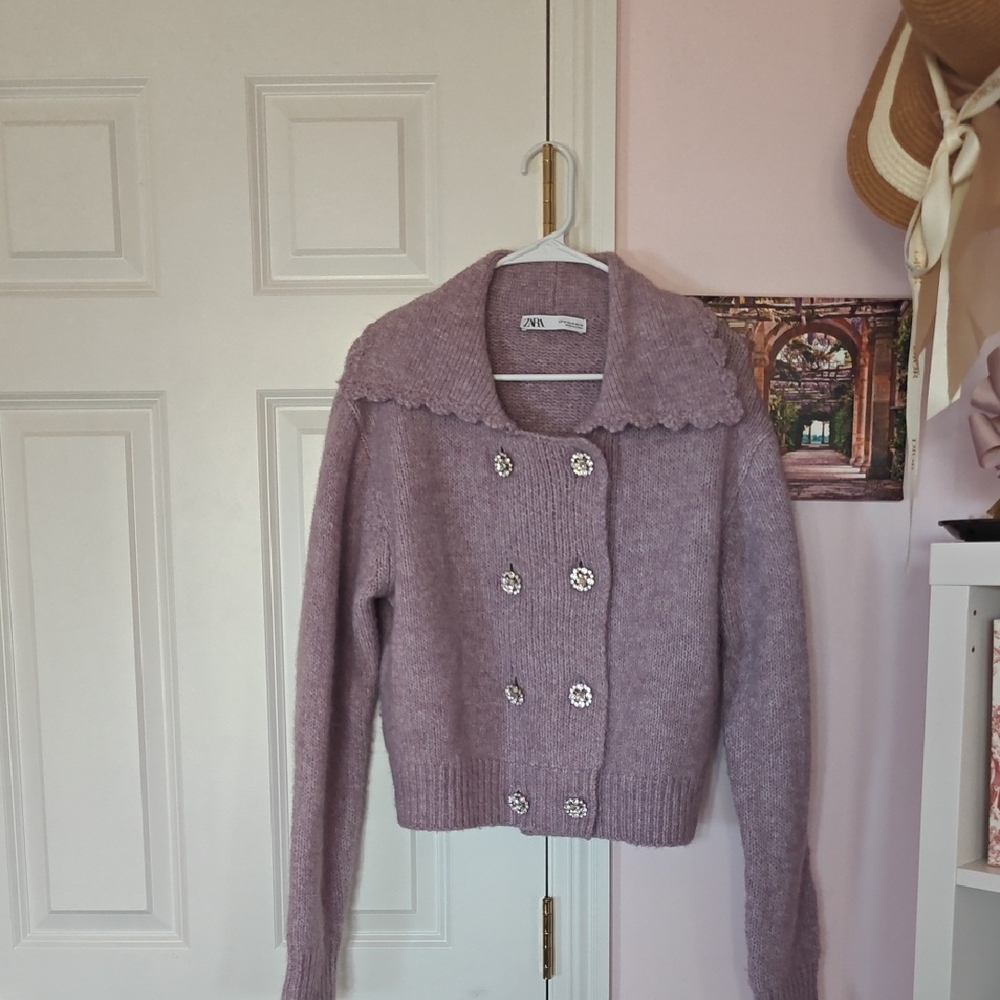 Zara Lilac Double-Breasted Scallop Collar Cardigan